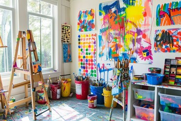 A creative kids' art studio room with easels, colorful paints, and a wall covered in kids' artwork, inspiring creativity and fun