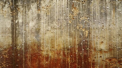 Raindrops cascading down a textured, aged surface in an abstract grunge setting.