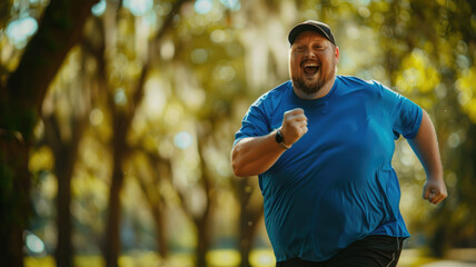 Fototapeta premium Portrait of a joyful overweight man exercising in a park wearing a bright blue t-Shirt and black shorts on a sunny day
