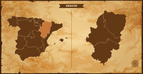 Aragon state map, Spain map with federal states in A vintage map based background, Political Spain Map
