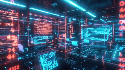 a futuristic computer room with a blue light and a building in the background