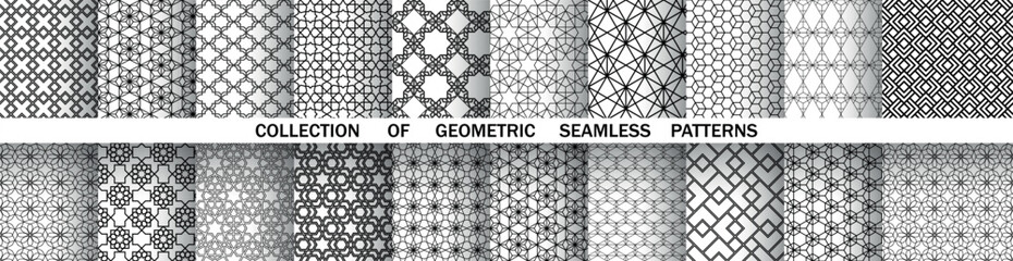 Geometric set of seamless black and white patterns. Simple vector graphics.