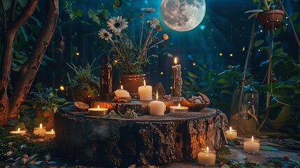 Capture an indoor photo of a beautiful altar arranged on a tree stump, adorned with candles, herbs, and essential oils, set against a nature backdrop at night with a full moon and fireflies.