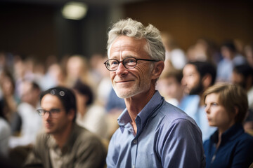 generated illustration senior man sits in a crowded auditorium