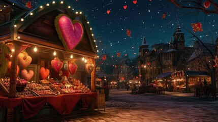 Quaint village square: Romantic market, stalls with heart-shaped trinkets under starlit sky.