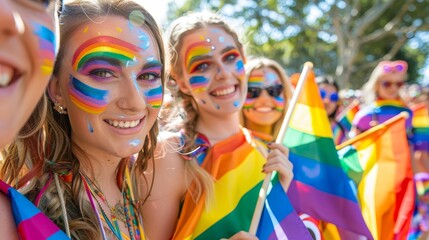 Group of friends with rainbow sunglasses at an LGBTQ pride event, celebrating diversity, inclusion, and equality, perfect for social media posts and community-focused campaigns.