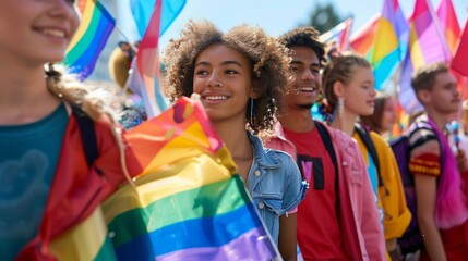 Crowd at an LGBTQ pride parade waving rainbow flags, celebrating diversity, inclusion, and equality, ideal for social media posts and community-focused campaigns.