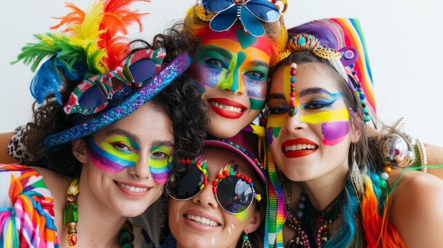 Group of friends with rainbow accessories at an LGBTQ pride event, celebrating diversity, inclusion, and equality, perfect for social media posts and community-focused campaigns.