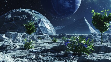 A futuristic 3D illustration of a Moon outpost colony featuring geodesic dome housing.

