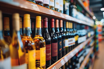 Red and white wine in bottles in wine shop.