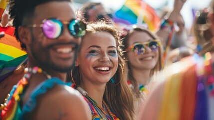 Happy friends at LGBTQ pride event, smiling and holding rainbow flags, celebrating diversity, inclusion, and love