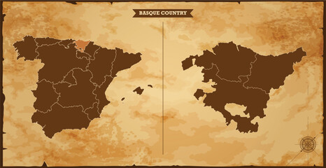 Basque Country state map, Spain map with federal states in A vintage map based background, Political Spain Map