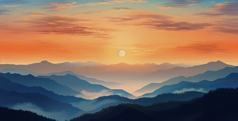 Fototapeta premium Majestic sunset over mountain ranges with vibrant colors and soft clouds