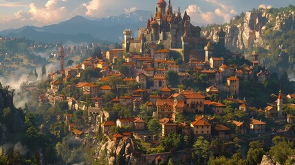 Fototapeta premium Photo of a fantastical village with a castle atop a hill