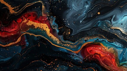 A vibrant and dynamic abstract marble background created using fluid art painting in an alcohol ink style with black accents.

