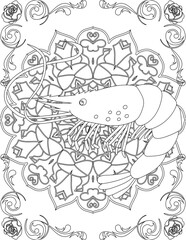 Shrimp on Mandala Coloring Page. Printable Coloring Worksheet for Adults and Kids. Educational Resources for School and Preschool. Mandala Coloring for Adults
