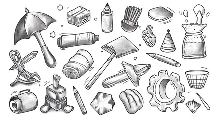 Hand drawn labor day with various items including a hammer, a cup, a knife, and a book. The drawing is in black isolated on white background.
