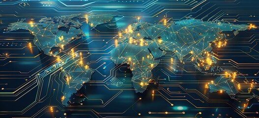 a world map on a computer screen with various objects including a laptop, a book, a cup of coffee, and a pair of headphones