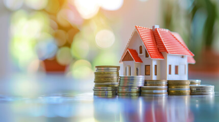 Real estate investment concept with a toy house and coins.