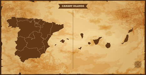 Canary Islands state map, Spain map with federal states in A vintage map based background, Political Spain Map