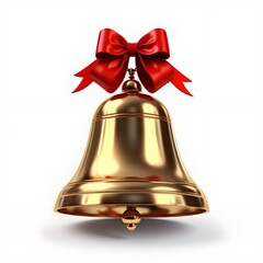 christmas bell with red ribbon, Christmas bells with gold color, Merry Christmas Golden Bell, A 3D golden Christmas bell isolated on a white background