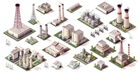 an isometric view of a cityscape featuring a variety of buildings and structures, including a tall red tower, a white building, a small green tree, a white building,