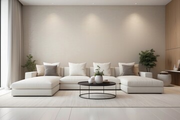 Minimal Living Room Design With White Sectional Sofa And Beige Textured Wal