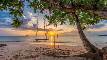 A swing hangs on tree on a tropical sandy beach by the ocean at nice sunset.