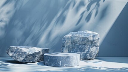 A minimalist mockup with blue geometric stone and rock shapes.


