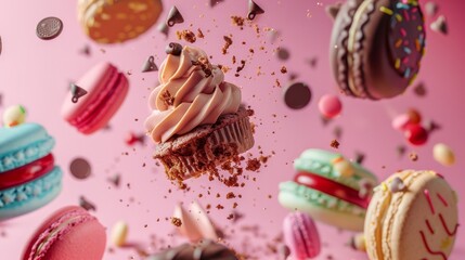 Colorful cookies, cupcakes, and macarons falling on a pink background.

