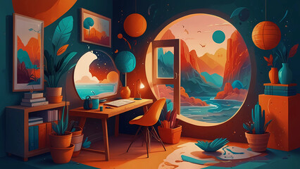 Illustration of a cozy, bright room with a round window overlooking a beautiful landscape. Abstract art and spherical hanging decorations, orange and cool blue tones