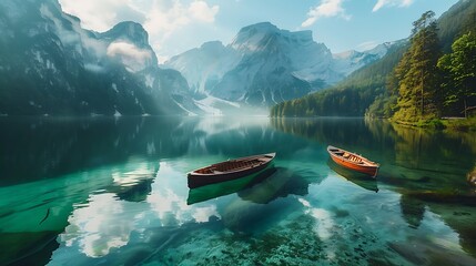 A serene lake surrounded by mountains, with transparent boats gliding across the water - Powered by Adobe