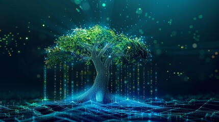 A futuristic digital tree with sprouts and binary code.


