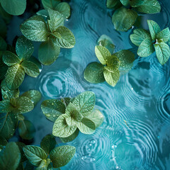 green leaves on blue water drop background ecology Environmental Green Leaves and Water Drops Background