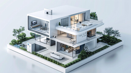 Against a backdrop of clean lines and minimal colors, a remote hovers above a surface, controlling the advanced components of an AI augmented reality smart home. The isometric layout and futuristic