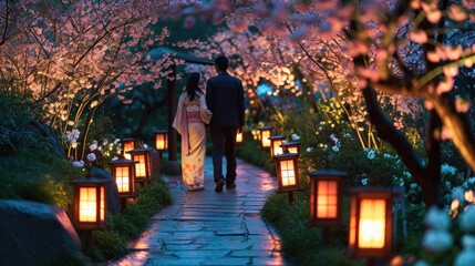 Fototapeta premium Pathway of illuminated lanterns guiding couple through garden with blossoms.
