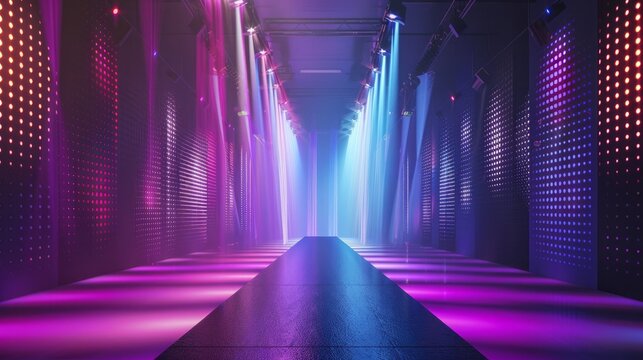 A fashion runway stage with dramatic lighting effects.

