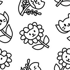 Kawaii flower cat. Seamless pattern. Coloring Page. Cute pet animal cartoon character. Hand drawn style. Vector drawing. Design ornaments.