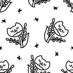 Kawaii flower cat. Seamless pattern. Coloring Page. Cute pet animal cartoon character. Hand drawn style. Vector drawing. Design ornaments.