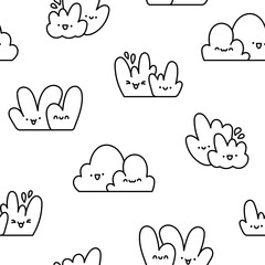 Kawaii cute lawn bush. Seamless pattern. Coloring Page. Cartoon plant grass character. Hand drawn style. Vector drawing. Design ornaments.