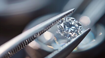 A loose diamond held by tweezers in a macro shot.

