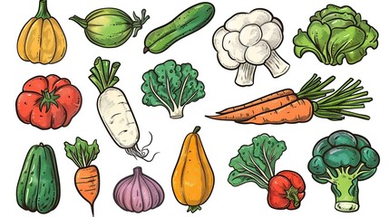 Doodle elements of various vegetables including carrots, broccoli, pumpkin and others colorful in hand painted style on a white background.