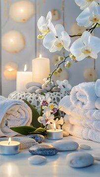 luxurious spa vertical video background with candles, rolled towels, and flowers, serene atmosphere for relaxation and wellness, concept for spa retreats, beauty salons, wellness centers.