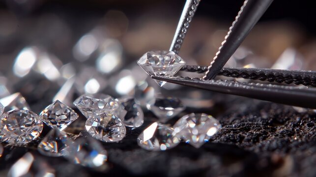 A loose diamond held by tweezers in a macro shot.


