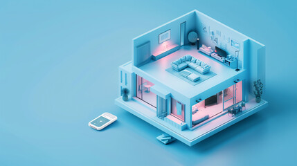 Obraz premium Amidst the isometric layout of a cutting-edge smart home, a remote control is held by a hand, overseeing the management of various modern smart home components. The minimal color palette and