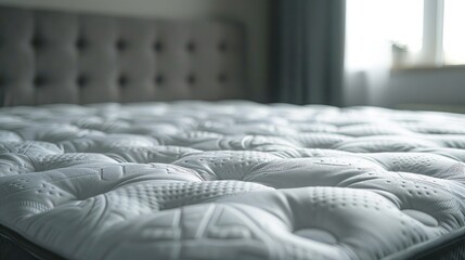Fototapeta premium A soft mattress with a protector on a grey bed indoors.