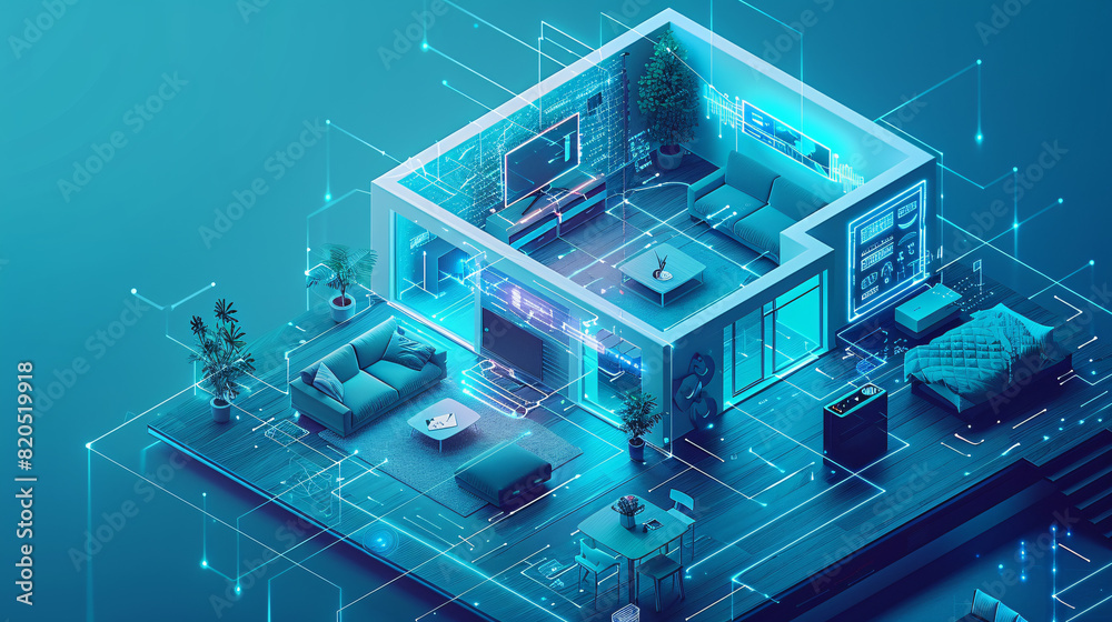 Poster in a futuristic depiction of home technology, an individual uses a remote control to interact with t