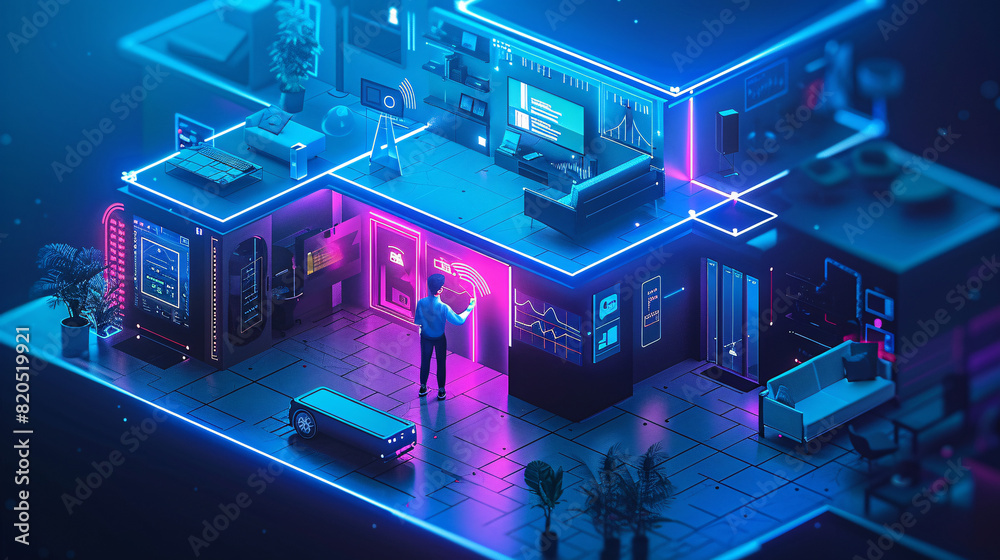 Poster in a futuristic depiction of home technology, an individual uses a remote control to interact with t
