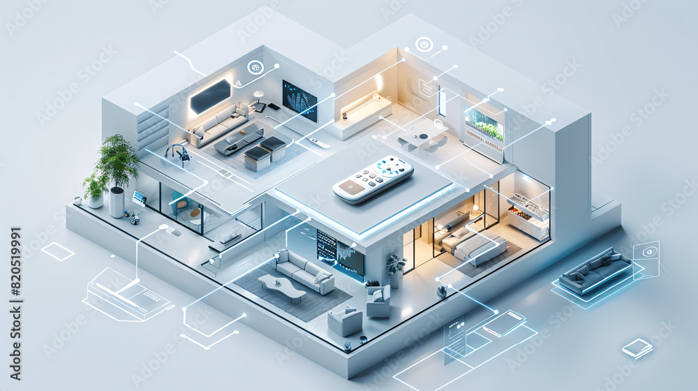 Poster in a futuristic depiction of home technology, an individual uses a remote control to interact with t