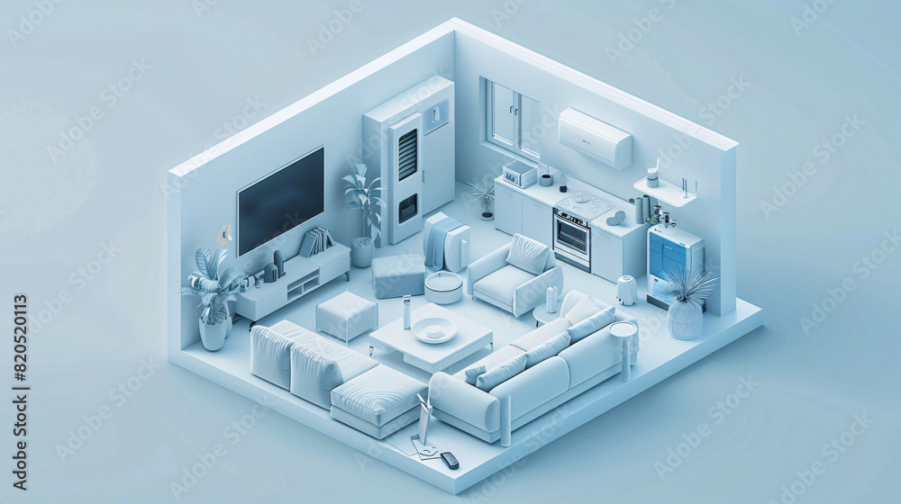 Poster in a futuristic depiction of home technology, an individual uses a remote control to interact with t